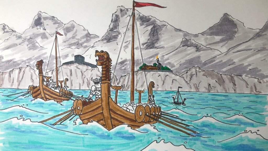 Eine handgezeichnete Illustration von Thorwaler-Langschiffen (Ottajaskos), die sich vom einer befestigten Küste entfernen. Das vordere Schiff mit Drachenkopf am Bug ist mit bewaffneten aventurischen Rekkern besetzt. Im Hintergrund hohe Berge, eine Steinfestung und ein Ottaskin-Lager mit Leuchtfeuer.